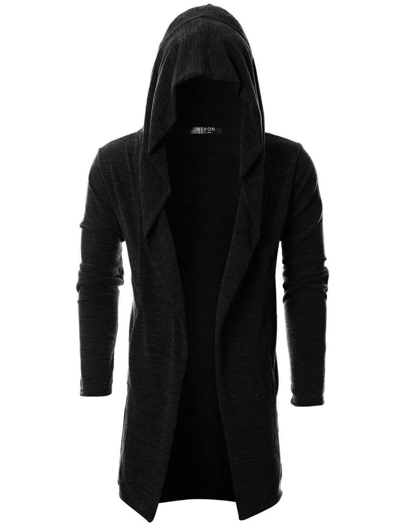 GIVON Men's Long Hooded Shawl Cardigan Open Front Gothic Cloak with Drape Design Shawl Collar / DCC055-BLACK-L - Image 2